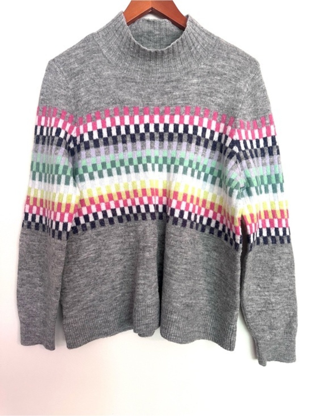 LOFT Gray Cowl Neck Sweater with Pink, Yellow & Green Fair Isle Bands Size XL